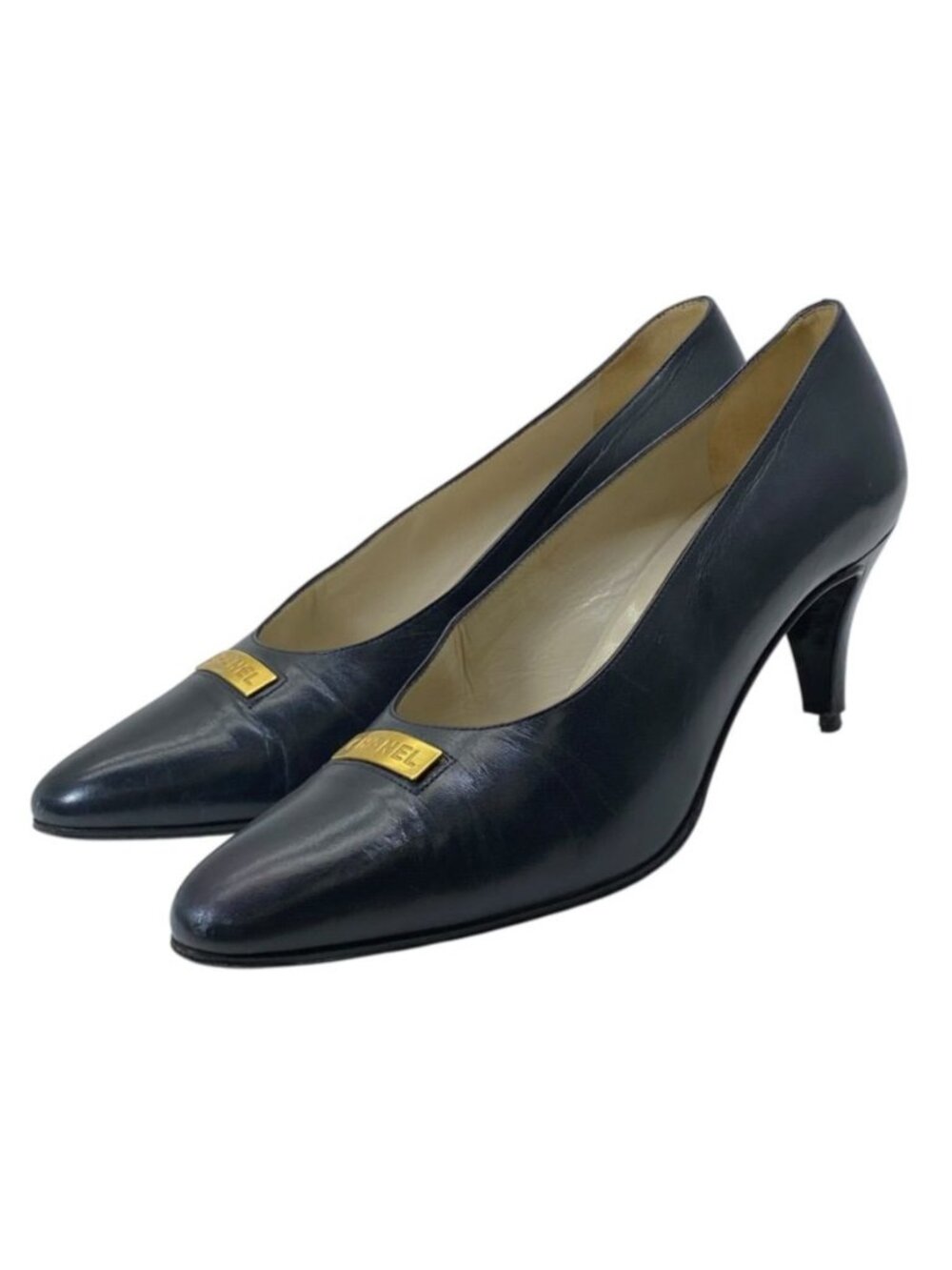 Chanel Pumps High Heels Logo Plate Pointed Toe Stiletto Leather Navy Gold Shoes